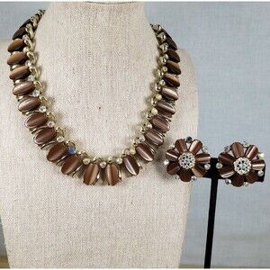 VTG 1950s Star Brown Thermoset AB Crystal Gold Tone Necklace ClipOn Earrings Set
